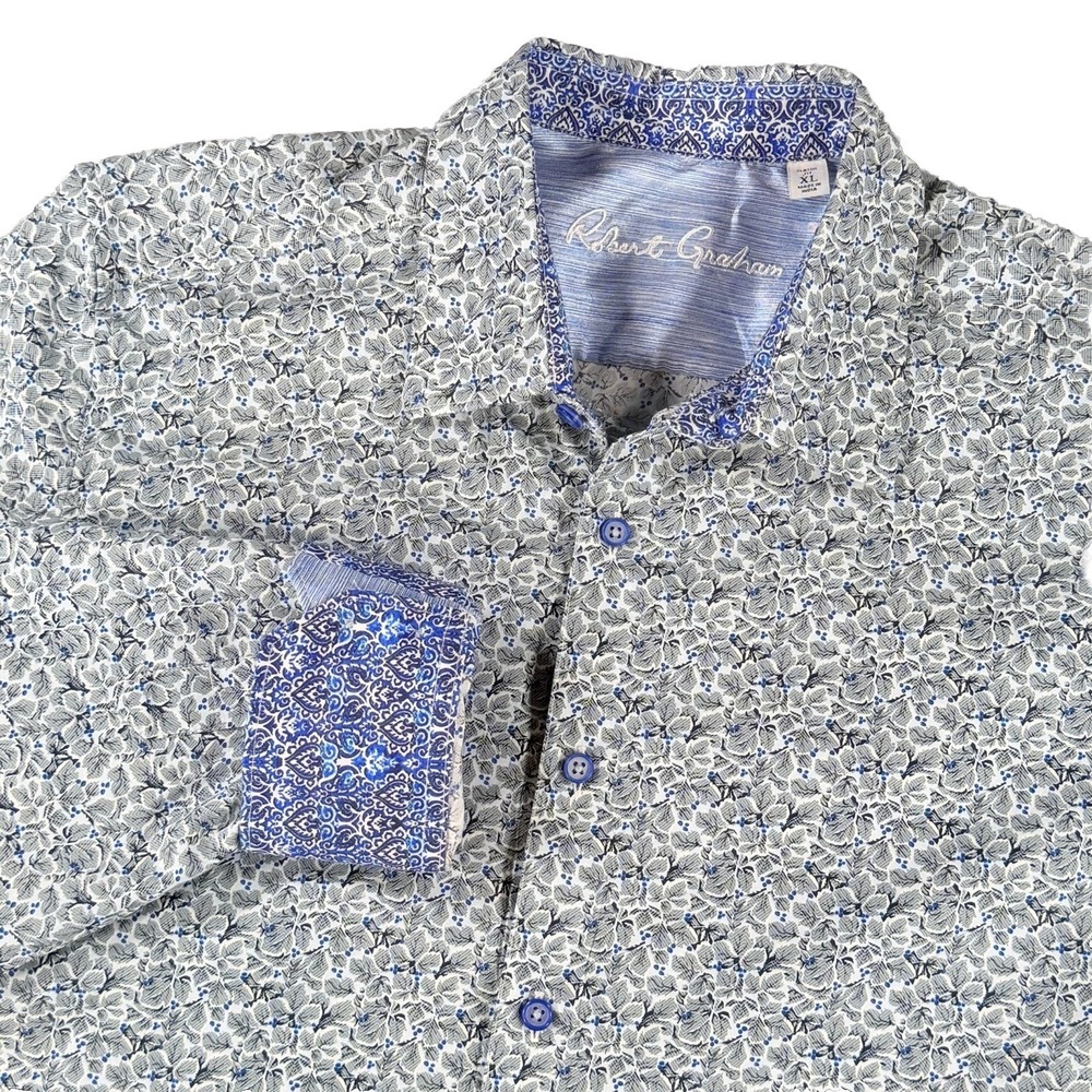 Robert Graham Shirt Mens XL Blue Floral Flip Cuff Classic‎ Fit Western Sport